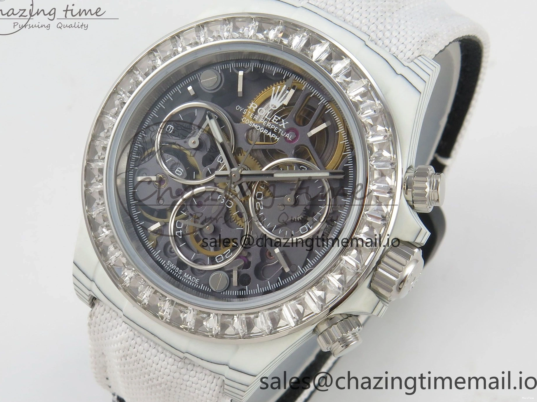 MiroTime 0110 Daytona Cosmograph White Carbon MPF Best Blaken Skeleton Dial on White Nylon Strap A FreshLook 314